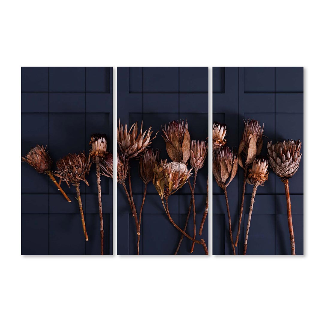 GOLDEN PROTEA ARRANGEMENT ON DARK BLUE MDF 3 PIECE COLLAGE