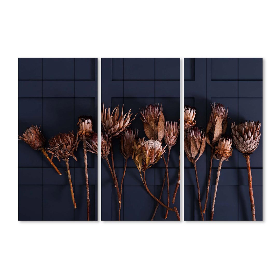 GOLDEN PROTEA ARRANGEMENT ON DARK BLUE MDF 3 PIECE COLLAGE