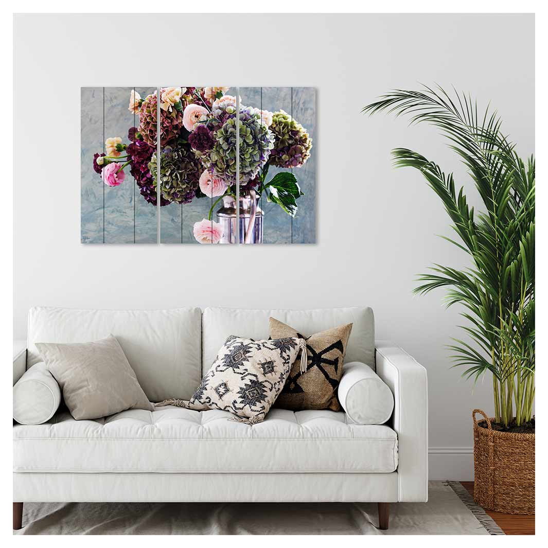 HYDRANGEA RANUNCULUS FLORALS ON BLUE MDF 3 PIECE COLLAGE