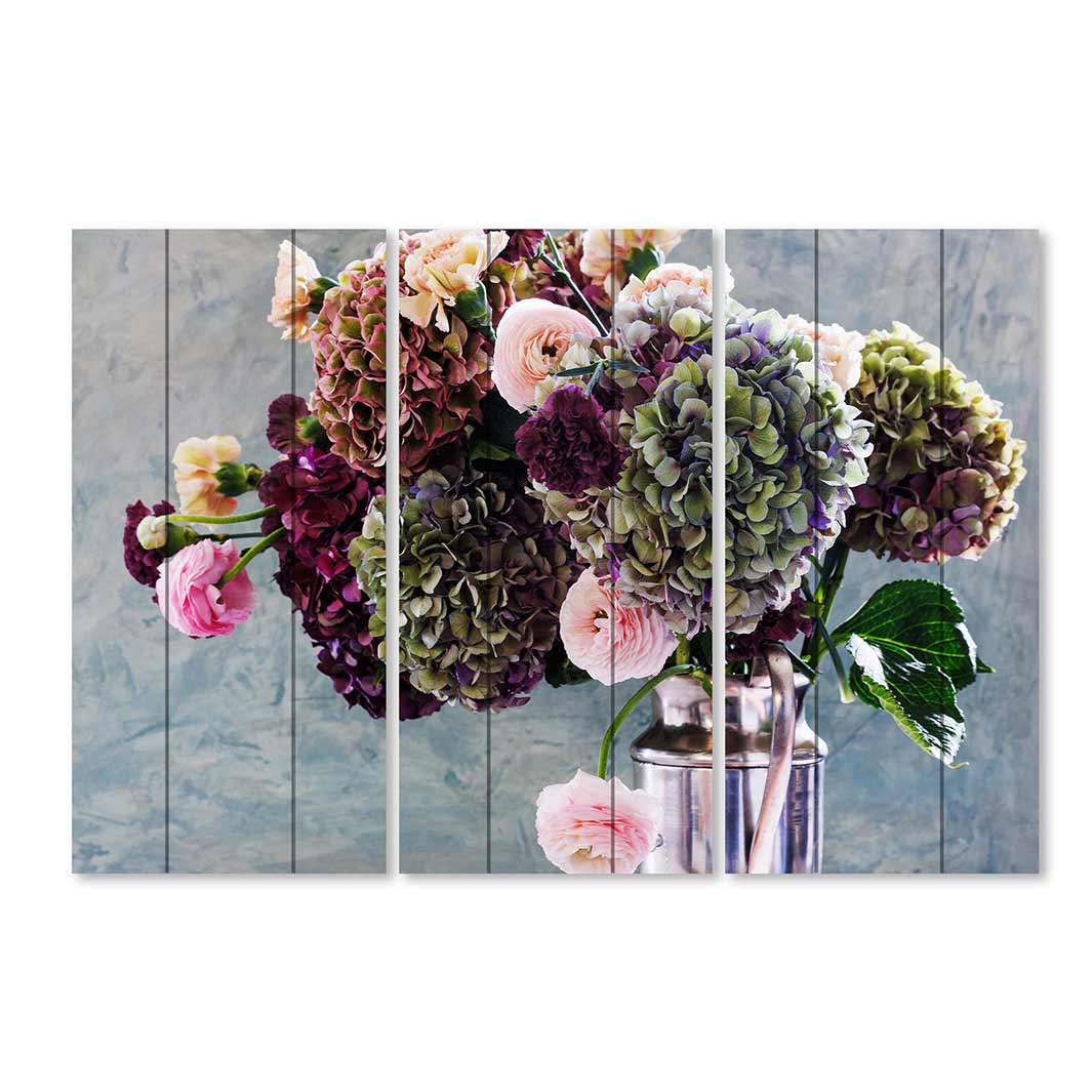 HYDRANGEA RANUNCULUS FLORALS ON BLUE MDF 3 PIECE COLLAGE