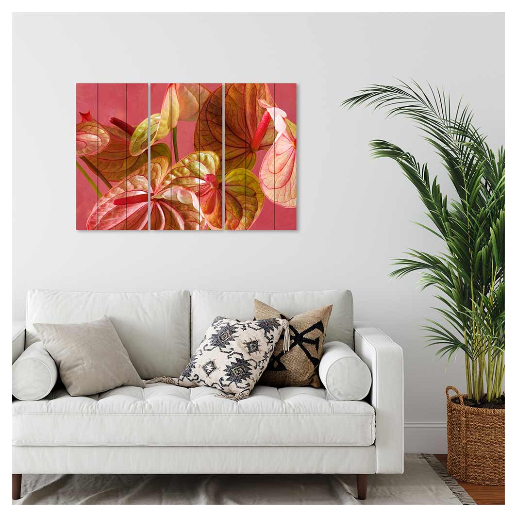 ANTHURIUM LIGHT PINK AND GREEN ON MAGENTA MDF 3 PIECE COLLAGE