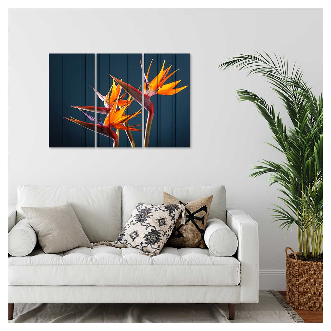 STRELITZIA TRIO ON RICH BLUE MDF 3 PIECE COLLAGE