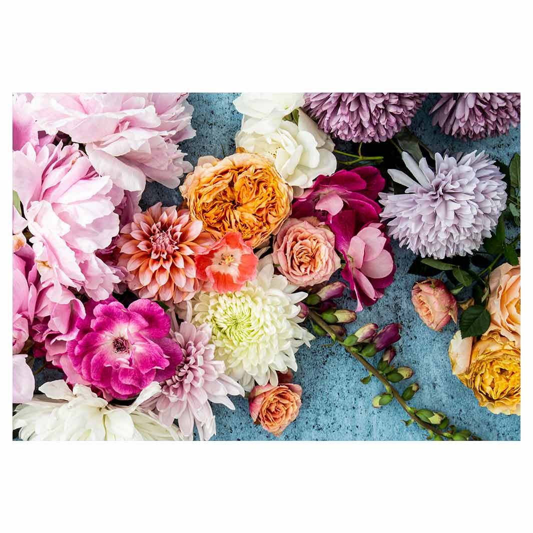 FLORAL PINK PEONY AND DAHLIA BOUQUET ON BLUE RECTANGULAR PLACEMAT