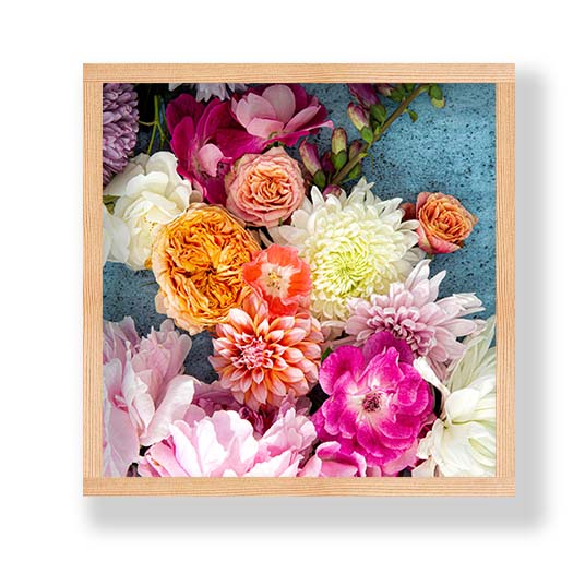 FLORAL PINK PEONY AND DAHLIA BOUQUET ON BLUE PINE BOX