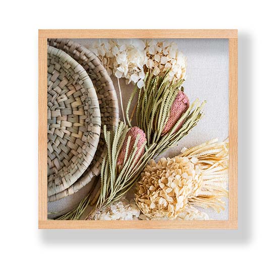 FLORAL CREAM AND GREY BASKET WITH PINK BANKSEAS PINE BOX