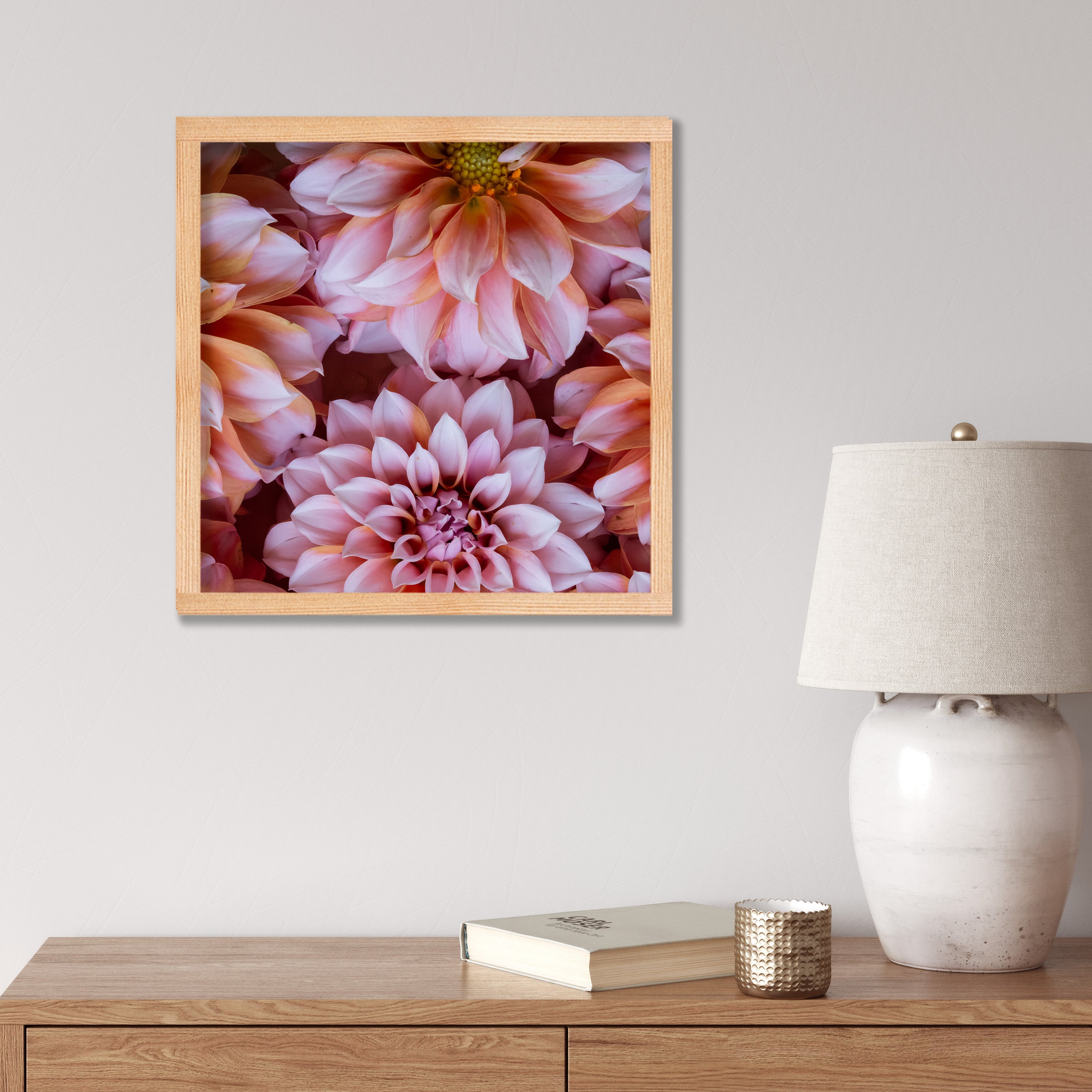 FLORAL PINK AND ORANGE DAHLIA FLOWERS PINE BOX