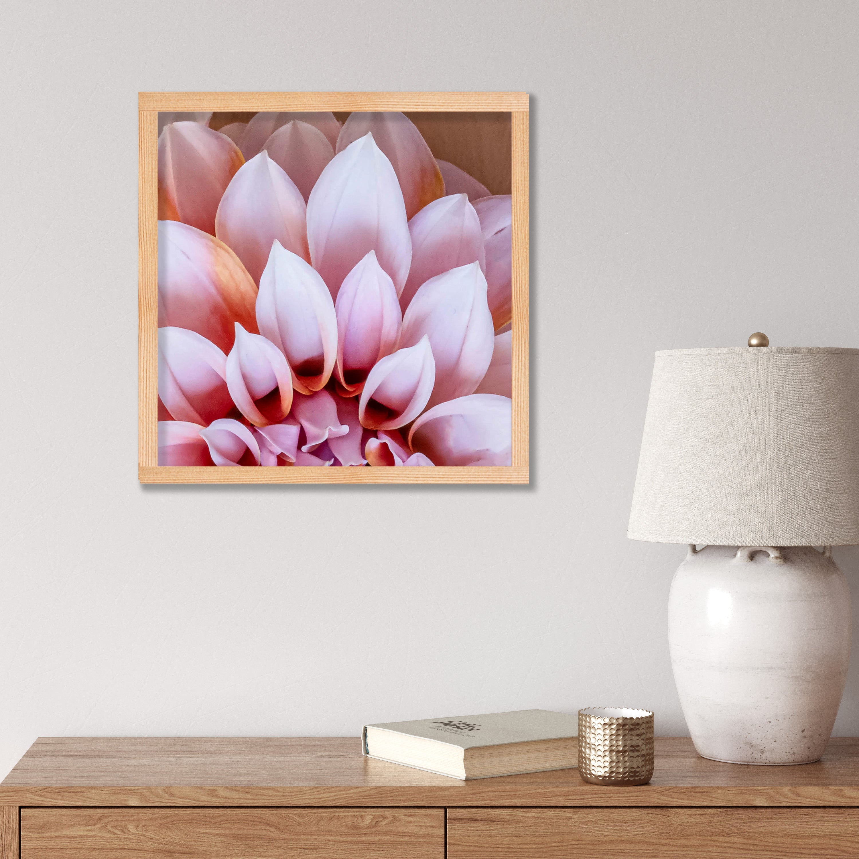 FLORAL LIGHT PINK AND ORANGE DAHLIA FLOWERS PINE BOX
