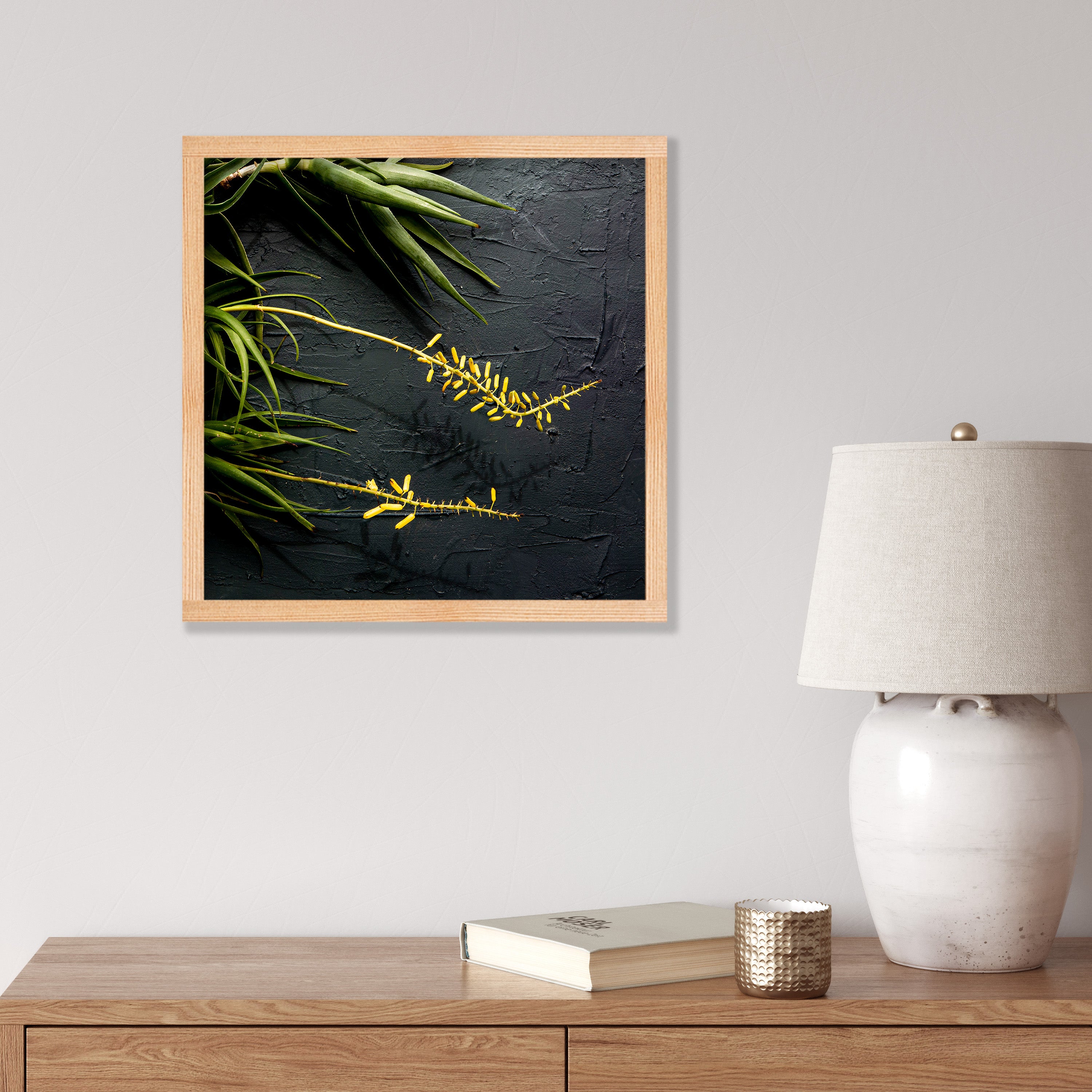 NATURAL YELLOW BLOSSOMS ALOE BUSH ON GREY PINE BOX