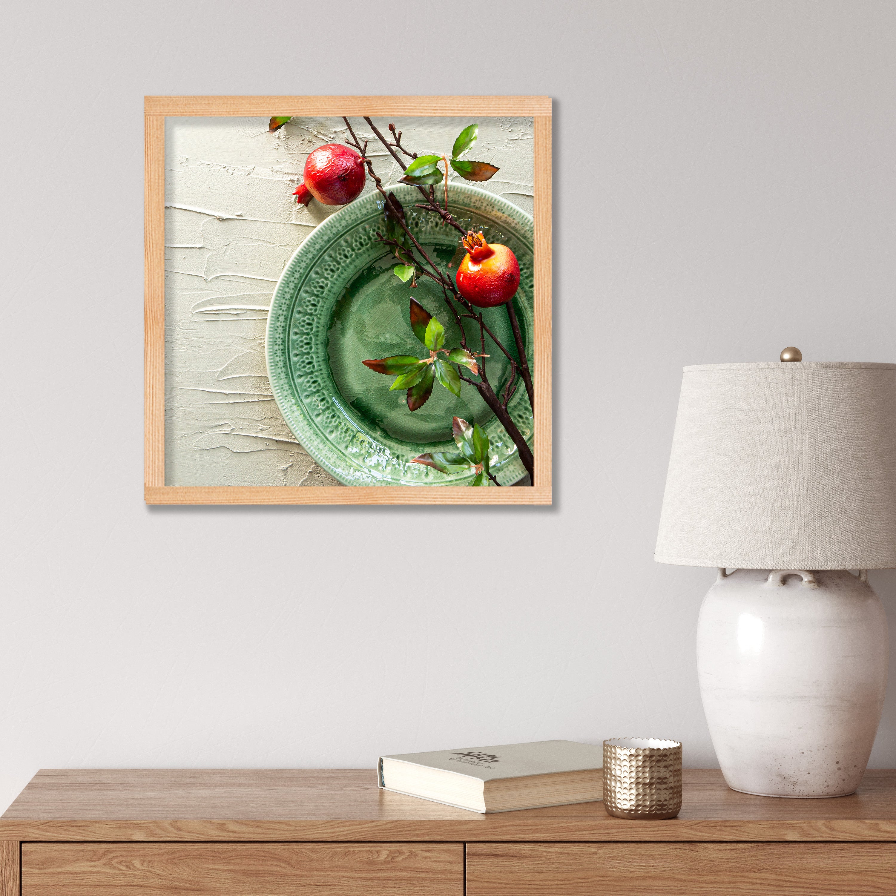NATURAL RED POMEGRANATES ON GREEN PLATE PINE BOX