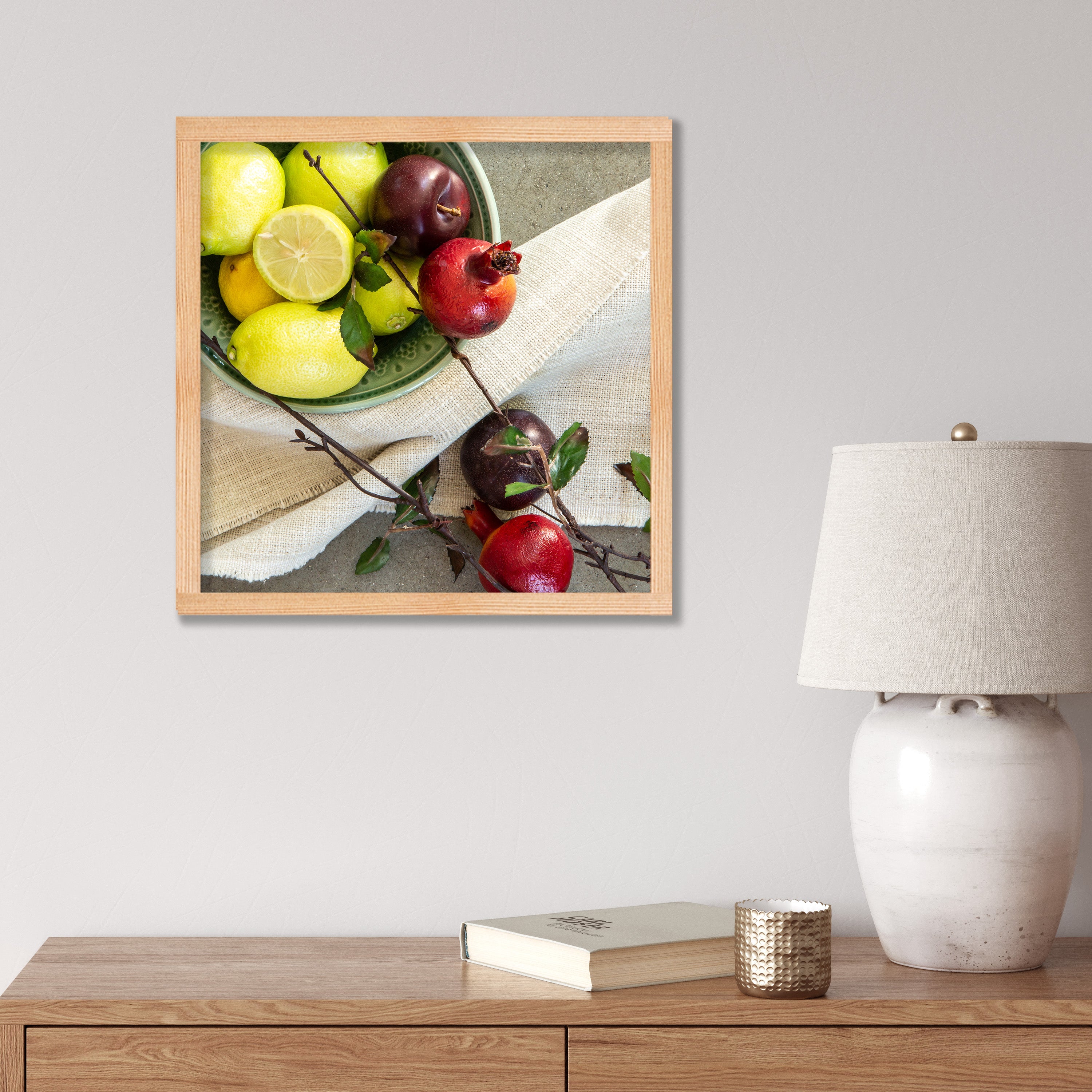 NATURAL RED POMEGRANATES AND LEMONS WITH LINEN PINE BOX