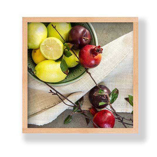NATURAL RED POMEGRANATES AND LEMONS WITH LINEN PINE BOX