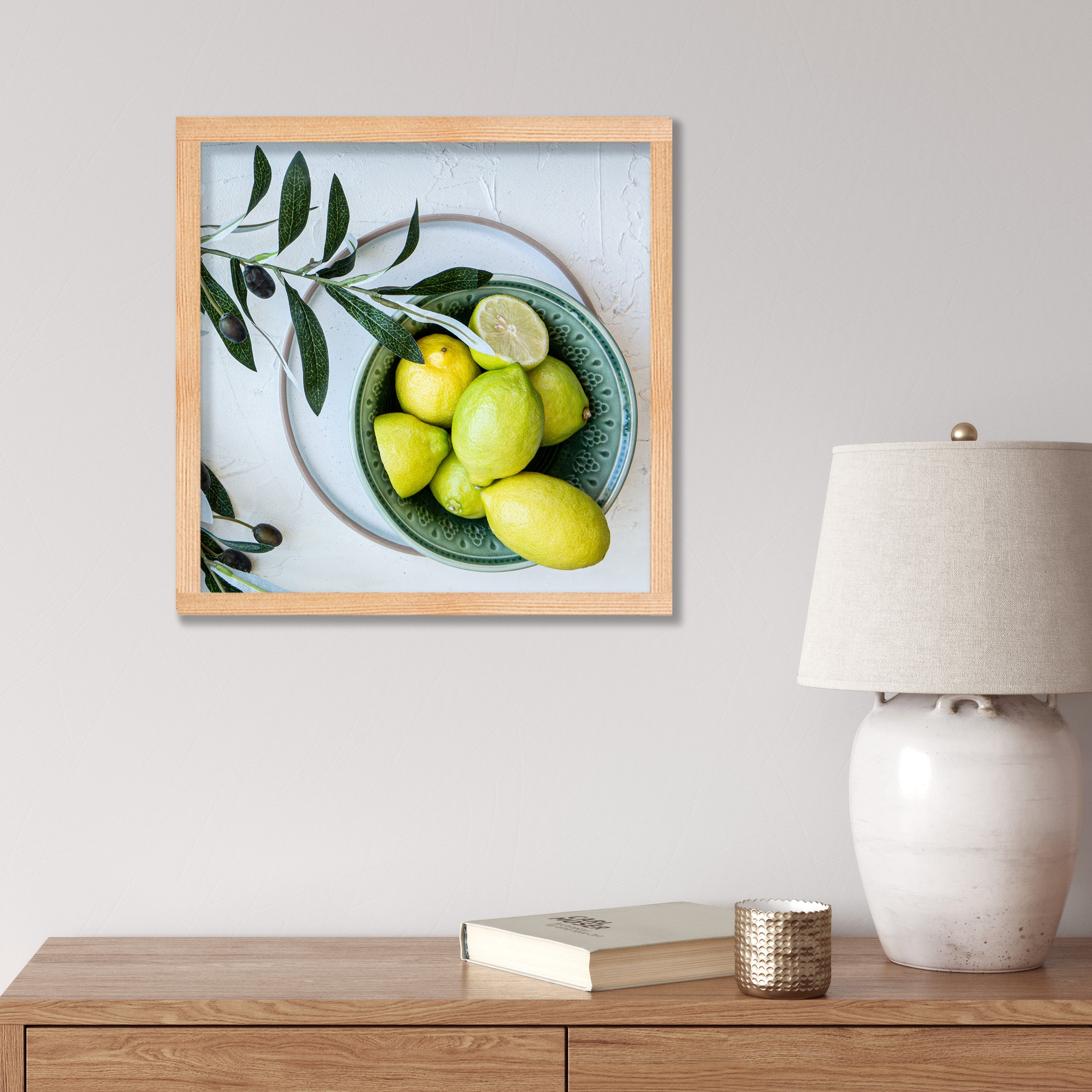 NATURAL YELLOW OLIVE LEAVES AND LEMONS ON WHITE PINE BOX