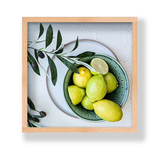 NATURAL YELLOW OLIVE LEAVES AND LEMONS ON WHITE PINE BOX