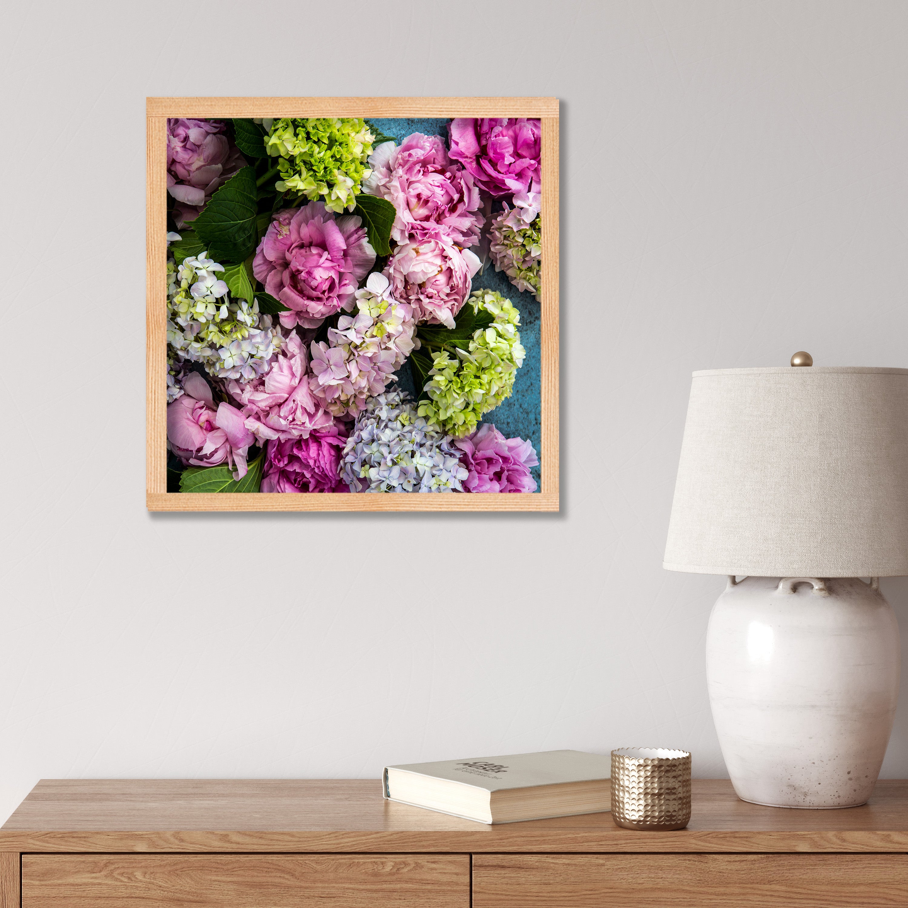 FLORAL PINK PEONY AND HYDRANGEAS ON BLUE PINE BOX