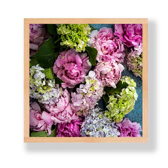 FLORAL PINK PEONY AND HYDRANGEAS ON BLUE PINE BOX