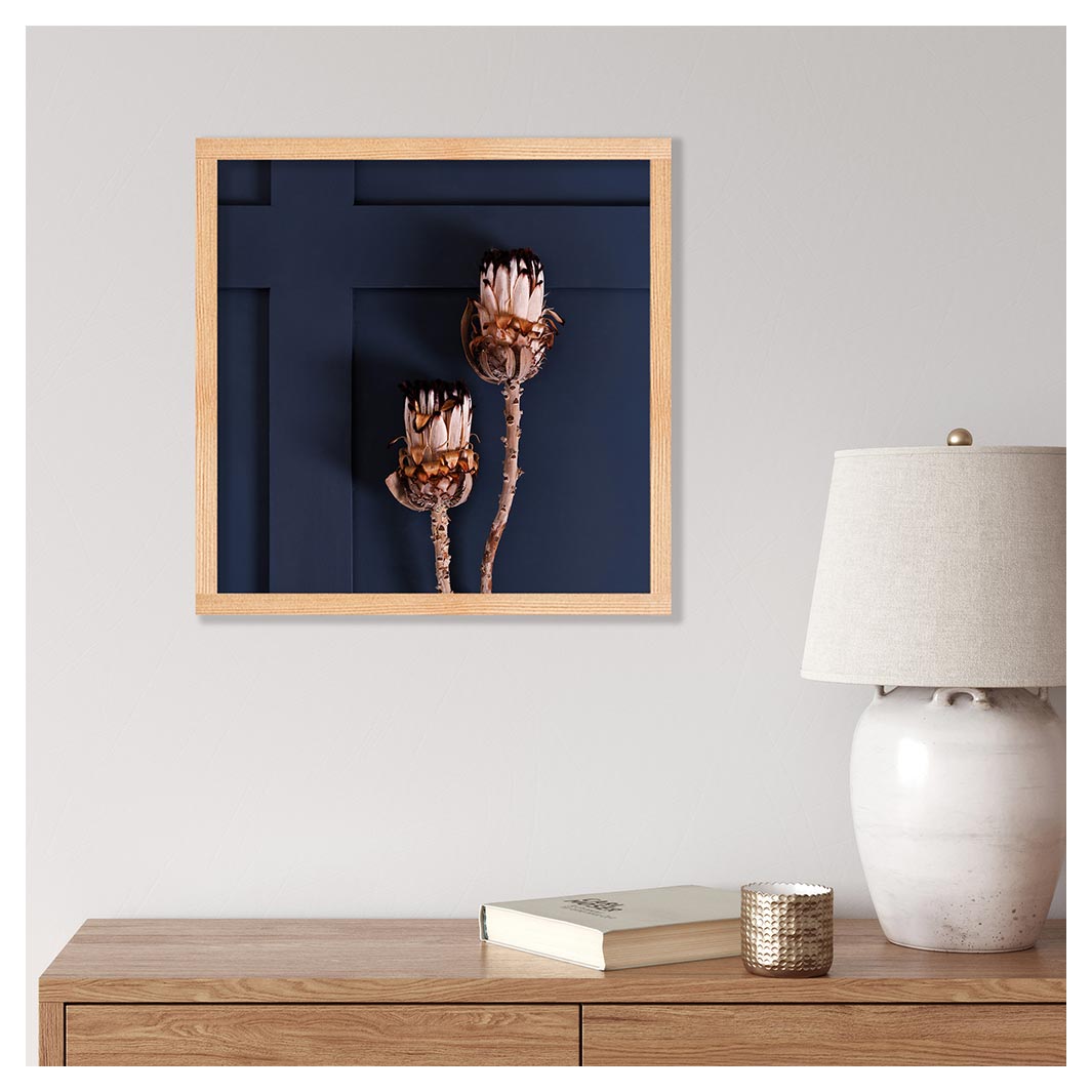 LIGHT PROTEA PAIR ON NAVY PINE BOX
