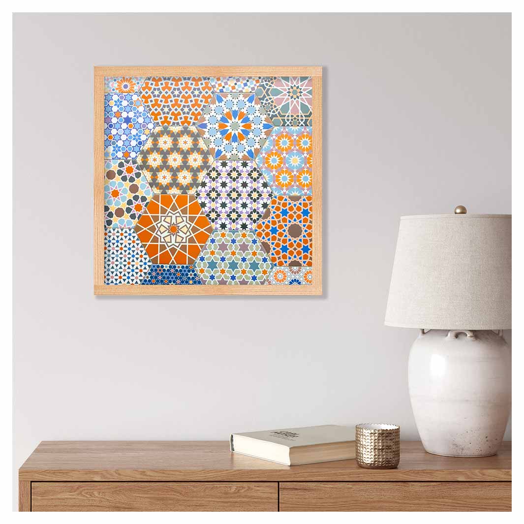 HEXAGON ORANGE AND BLUE PATTERN TILES PINE BOX