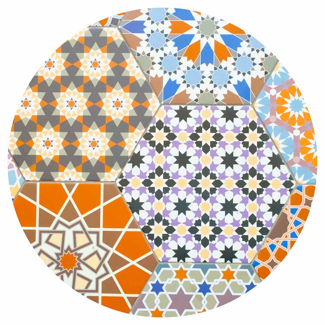 HEXAGON ORANGE AND BLUE PATTERN TILES POT STAND