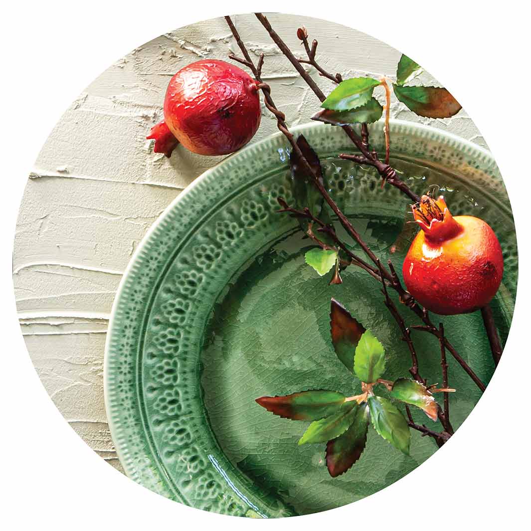 NATURAL RED POMEGRANATES ON GREEN PLATE POT STAND