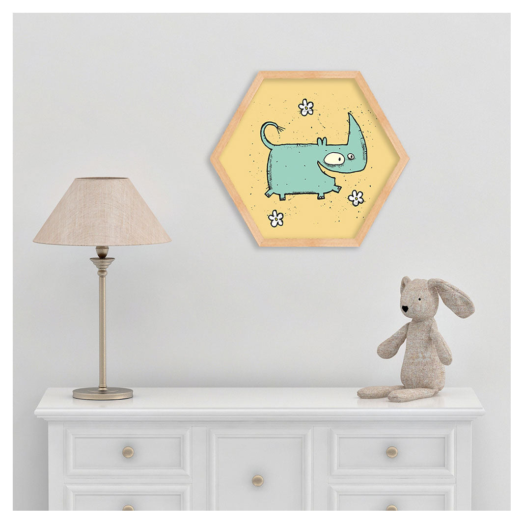 KIDS YELLOW BLUE ANIMAL DESIGN HEXAGON WALL ART