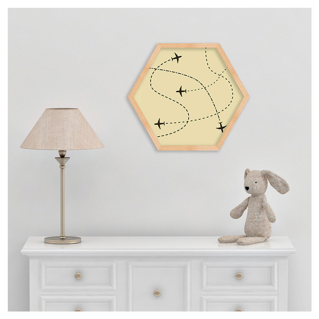 KIDS YELLOW AIRPLANE PATHS HEXAGON WALL ART