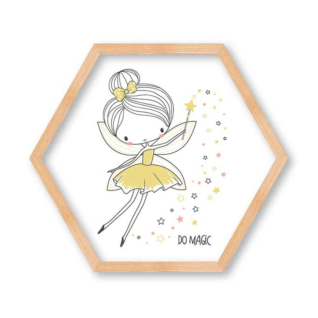 KIDS YELLOW FAIRY PRINCESS LINEART HEXAGON WALL ART