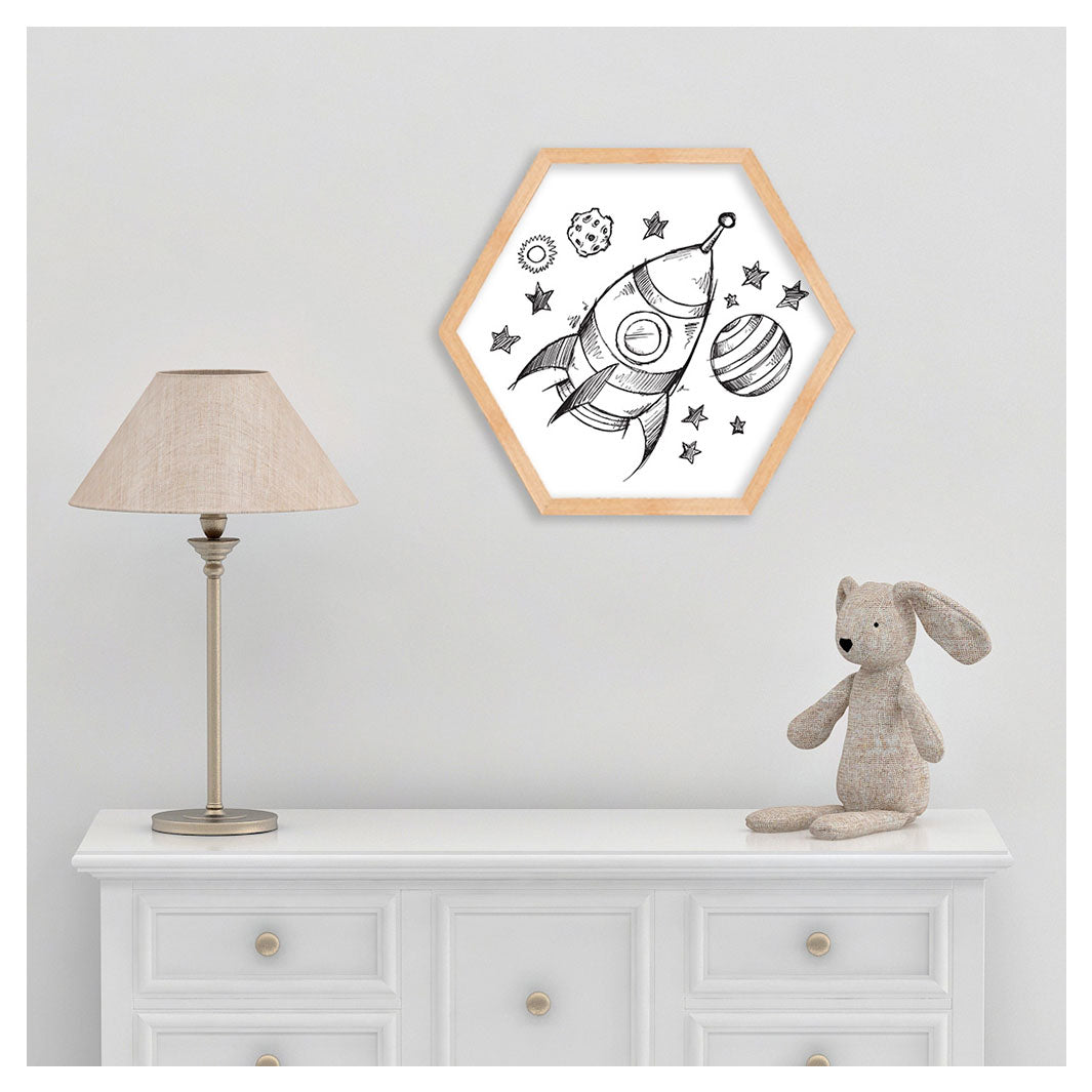 KIDS BLACK AND WHITE SPACESHIP SKETCH HEXAGON WALL ART