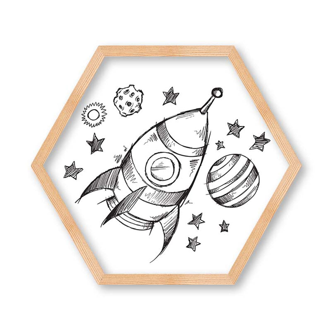 KIDS BLACK AND WHITE SPACESHIP SKETCH HEXAGON WALL ART