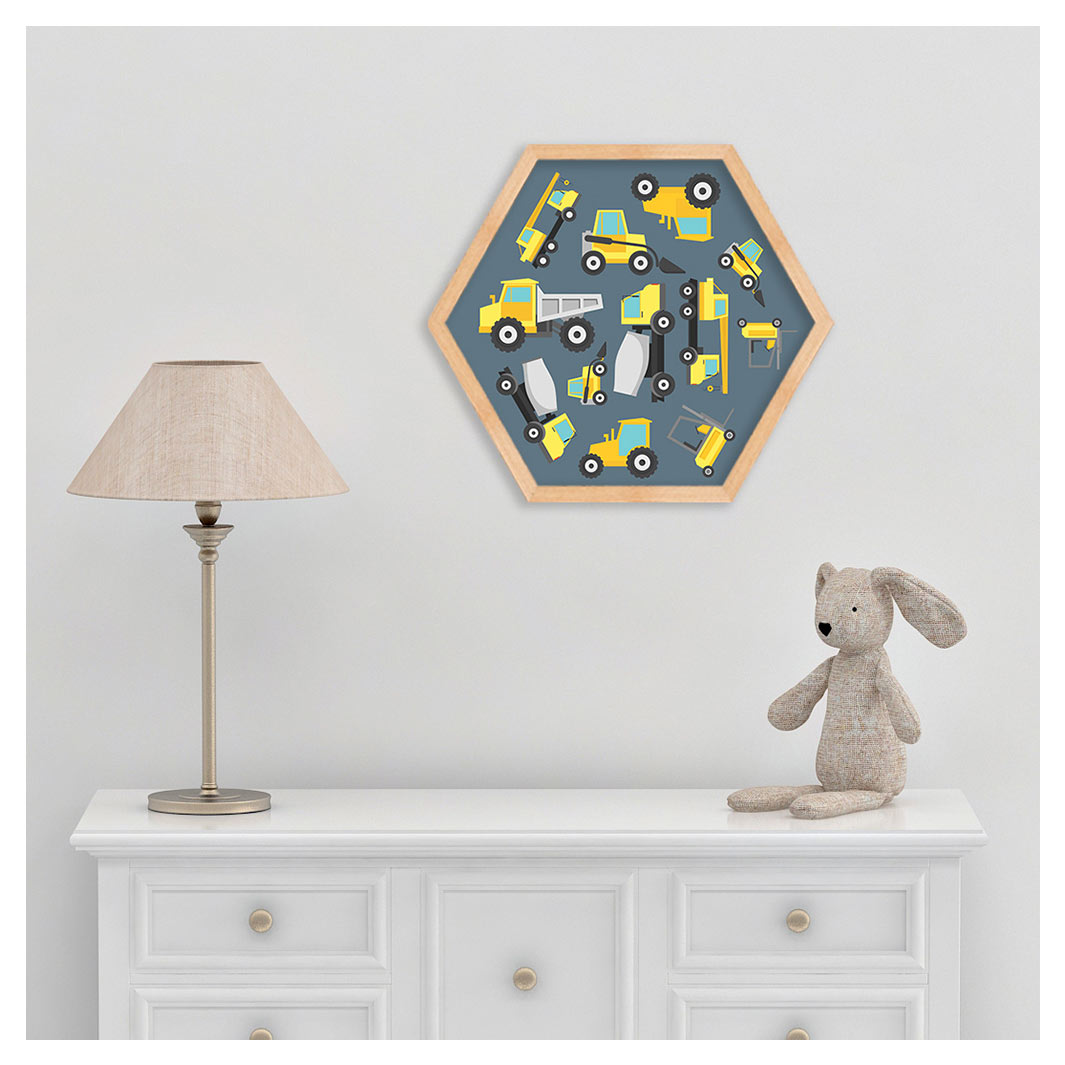 KIDS BLUE YELLOW CONSTRUCTION TRUCKS PATTERN HEXAGON WALL ART