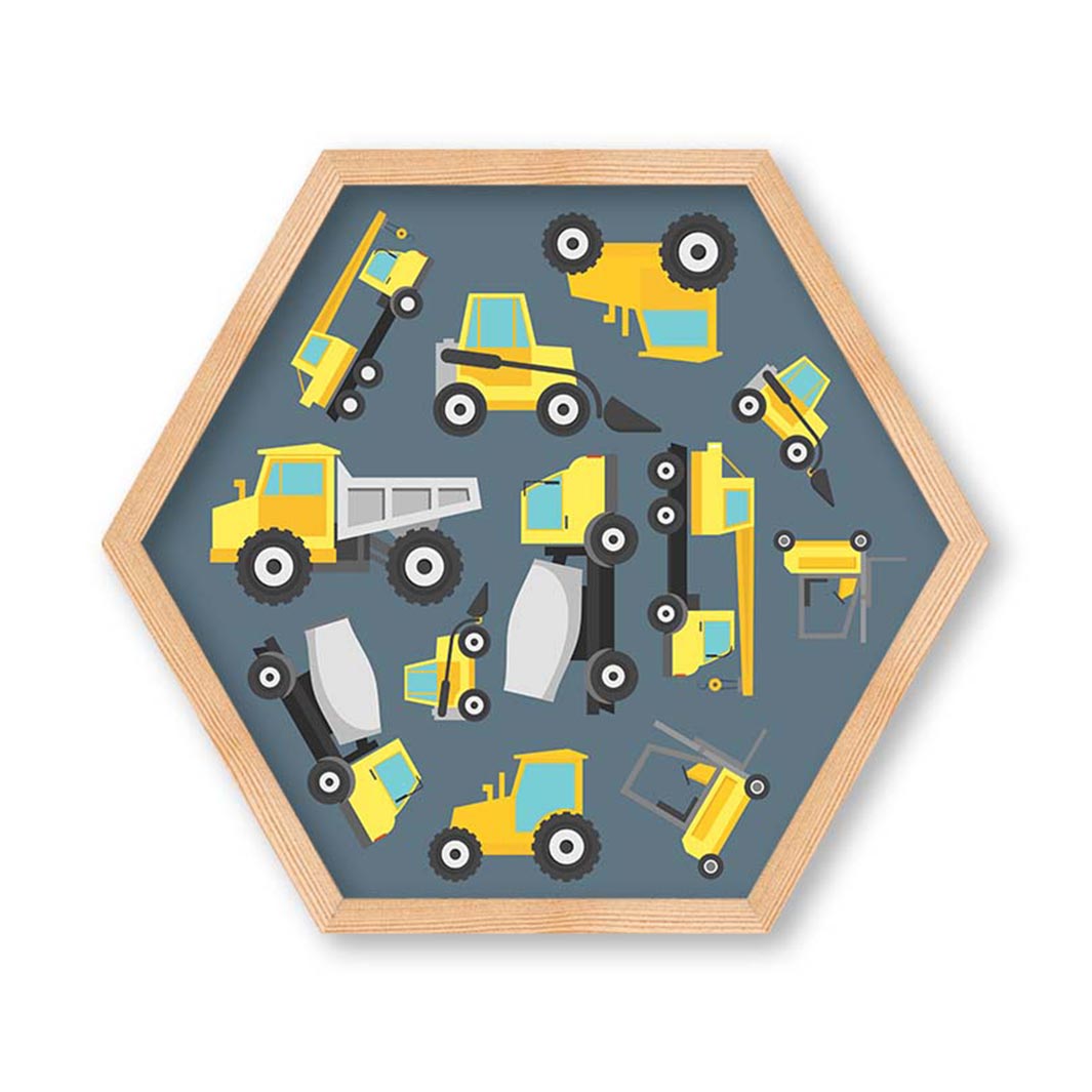 KIDS BLUE YELLOW CONSTRUCTION TRUCKS PATTERN HEXAGON WALL ART