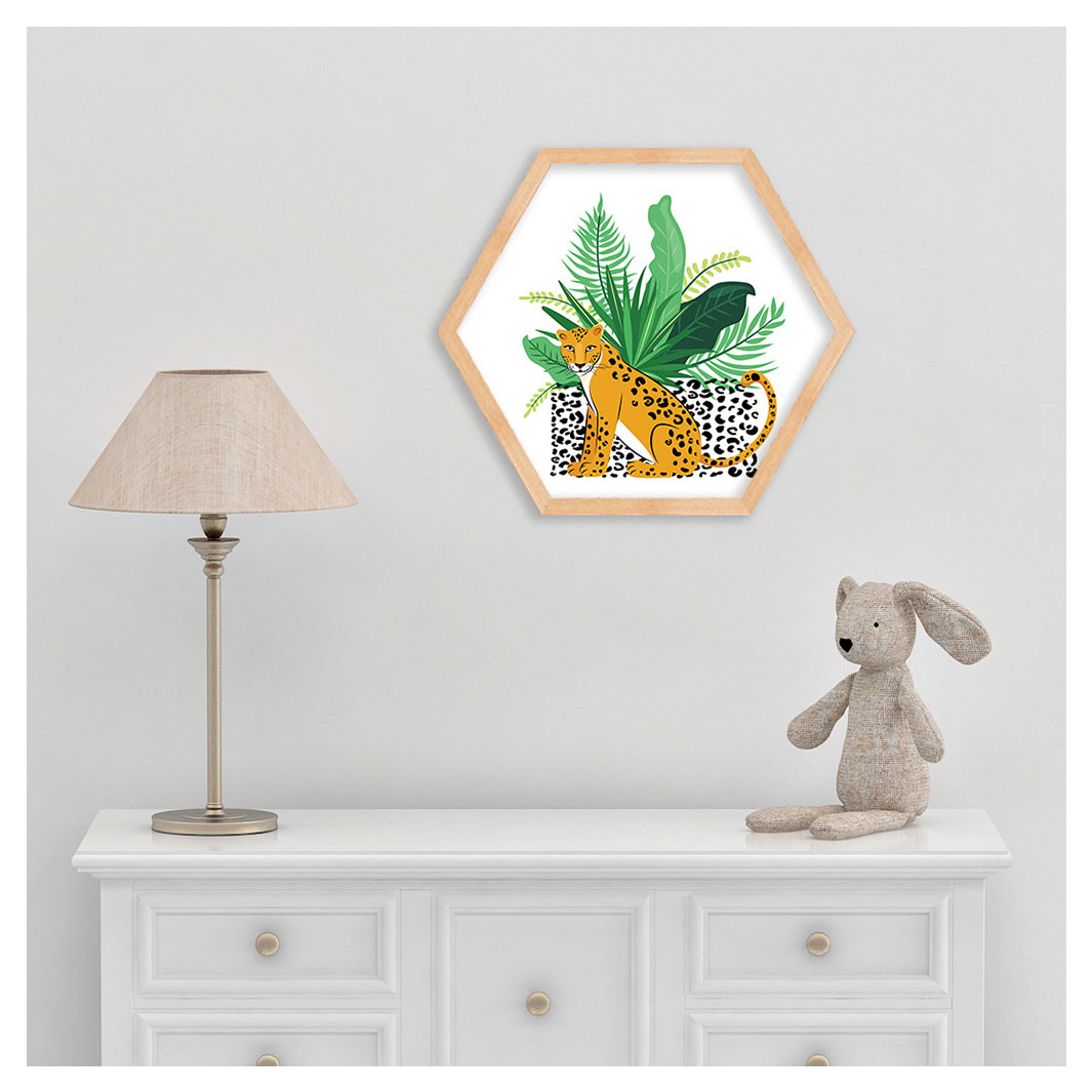 KIDS GREEN JUNGLE LEOPARD LEAVES HEXAGON WALL ART