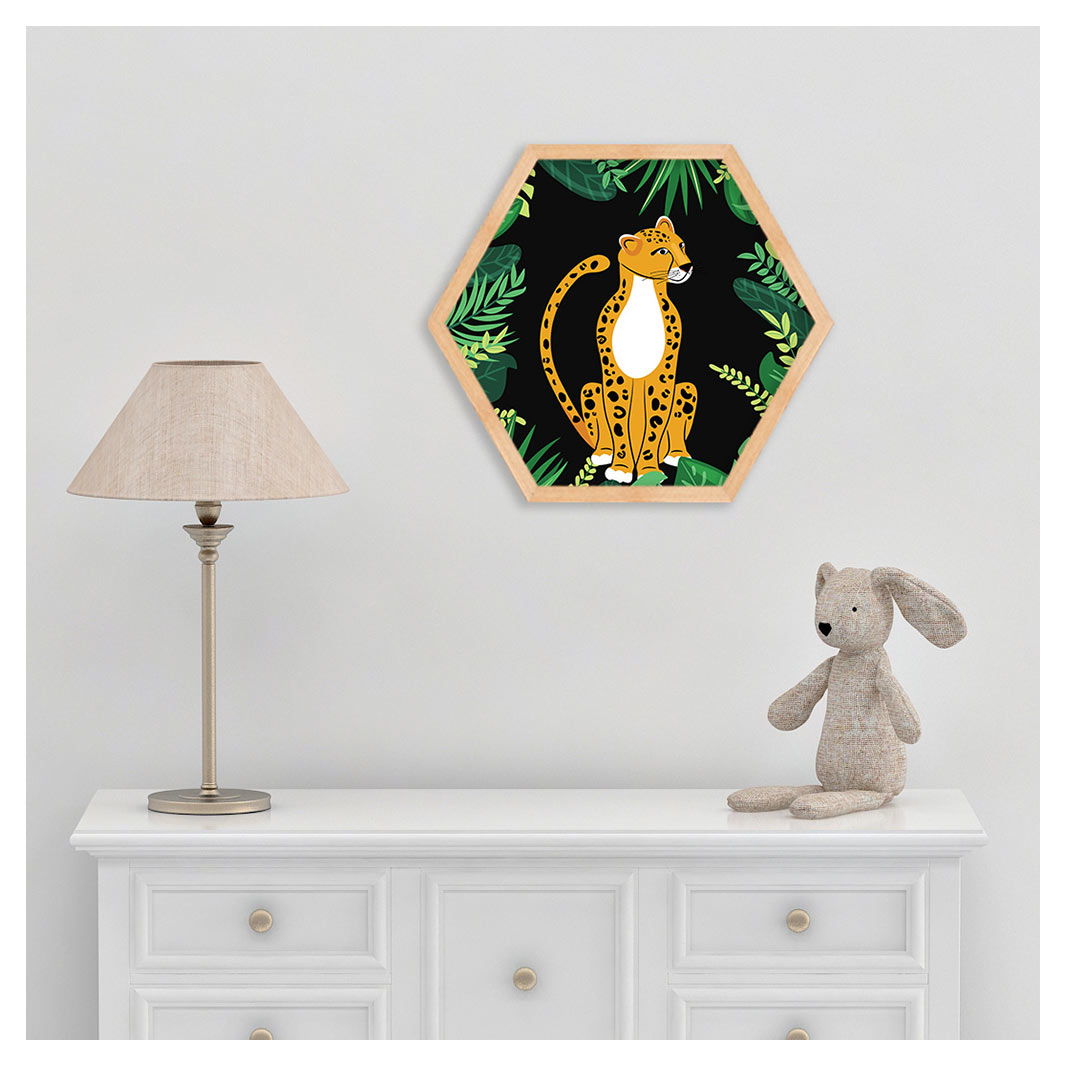 KIDS GREEN DARK JUNGLE LEOPARD HEXAGON WALL ART