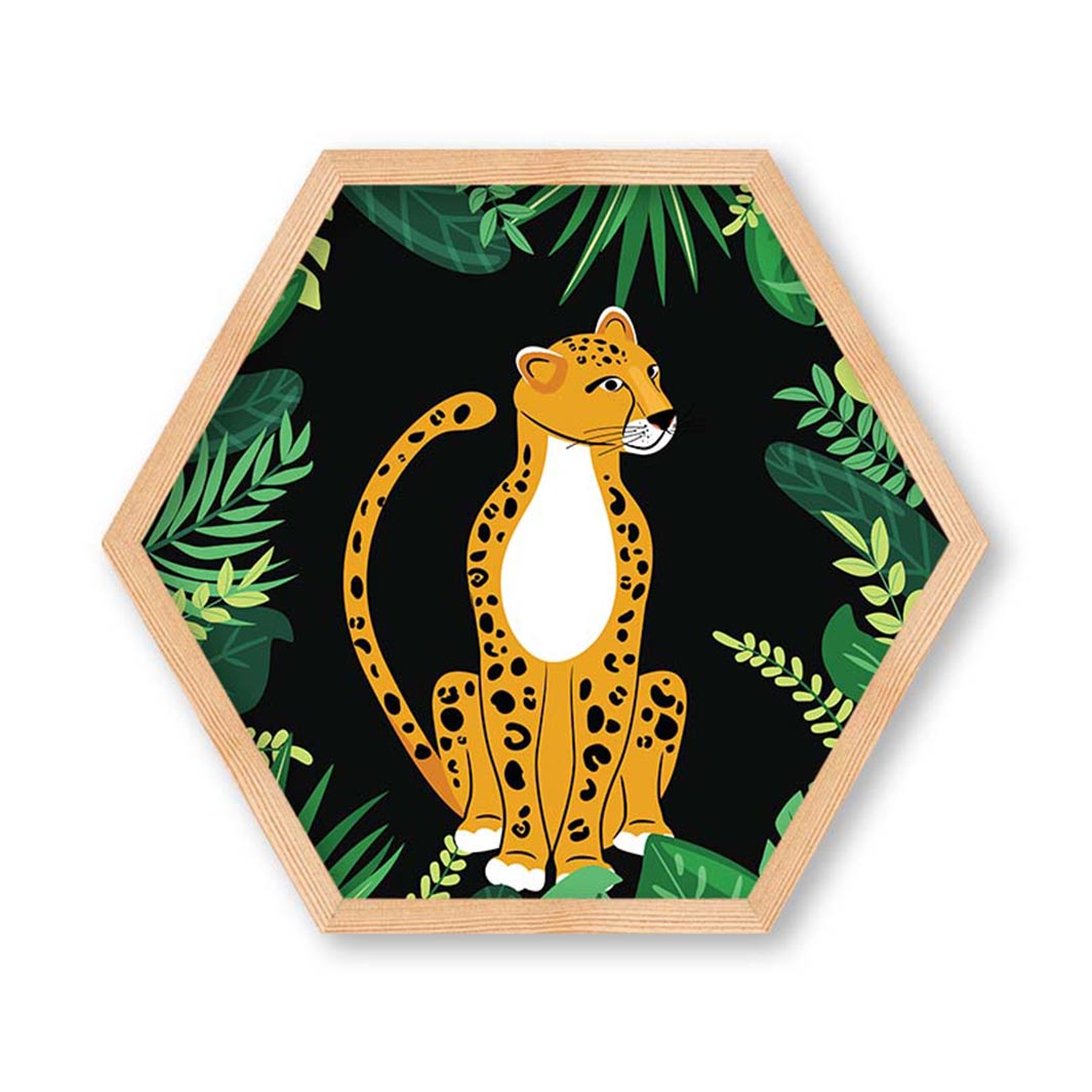 KIDS GREEN DARK JUNGLE LEOPARD HEXAGON WALL ART