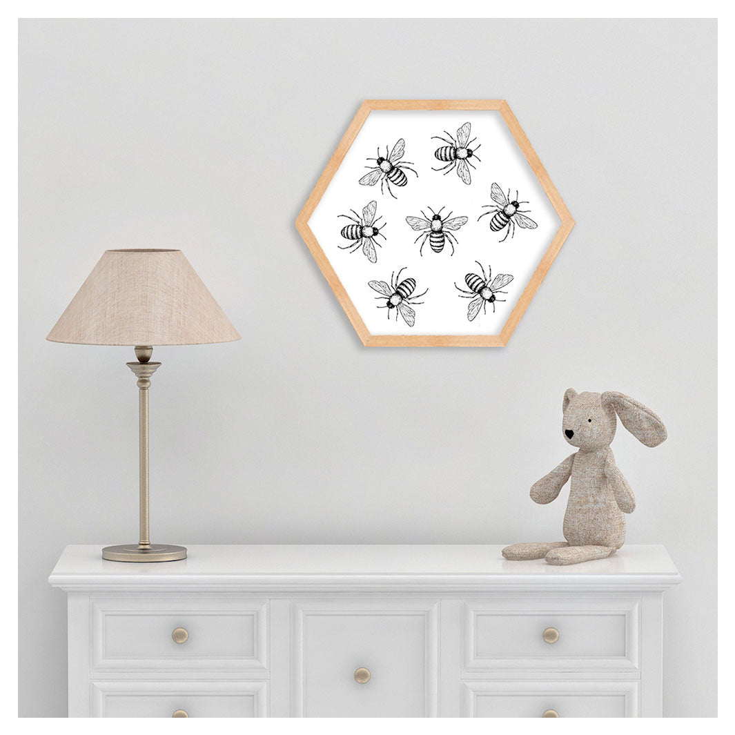 KIDS BLACK AND WHITE BEE PATTERN HEXAGON WALL ART