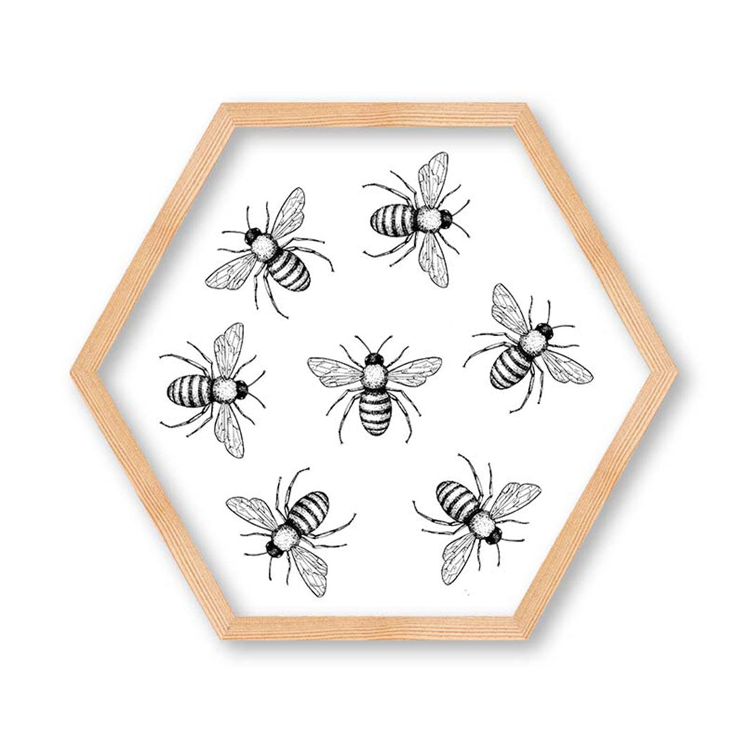 KIDS BLACK AND WHITE BEE PATTERN HEXAGON WALL ART