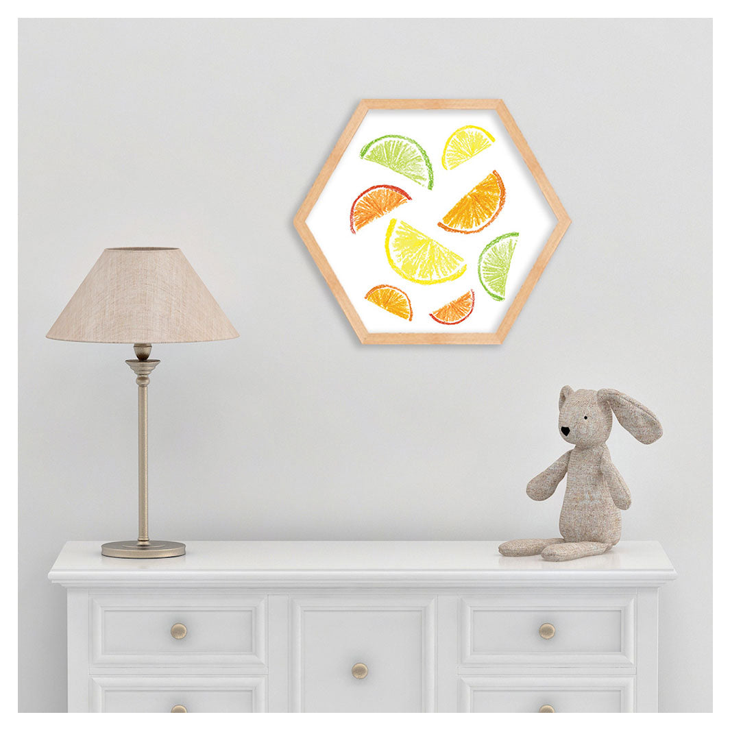 KIDS YELLOW FRUIT LEMONS AND ORANGES PATTERN HEXAGON WALL ART