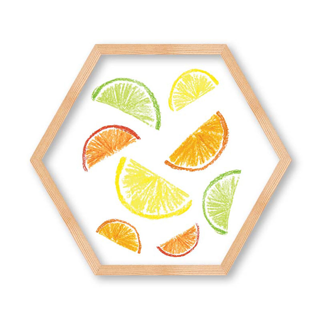 KIDS YELLOW FRUIT LEMONS AND ORANGES PATTERN HEXAGON WALL ART