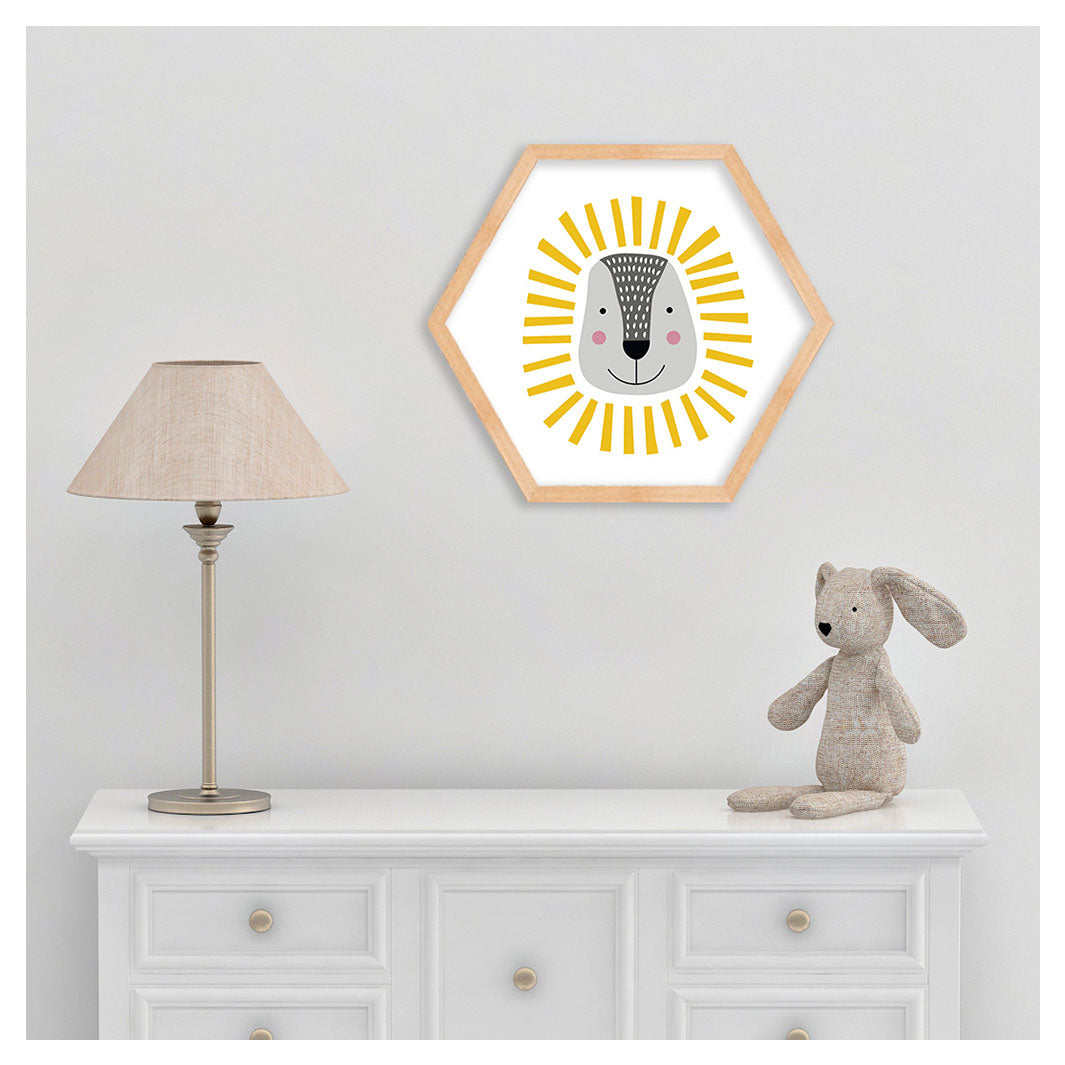 KIDS YELLOW GEO LINES LION PATTERN HEXAGON WALL ART