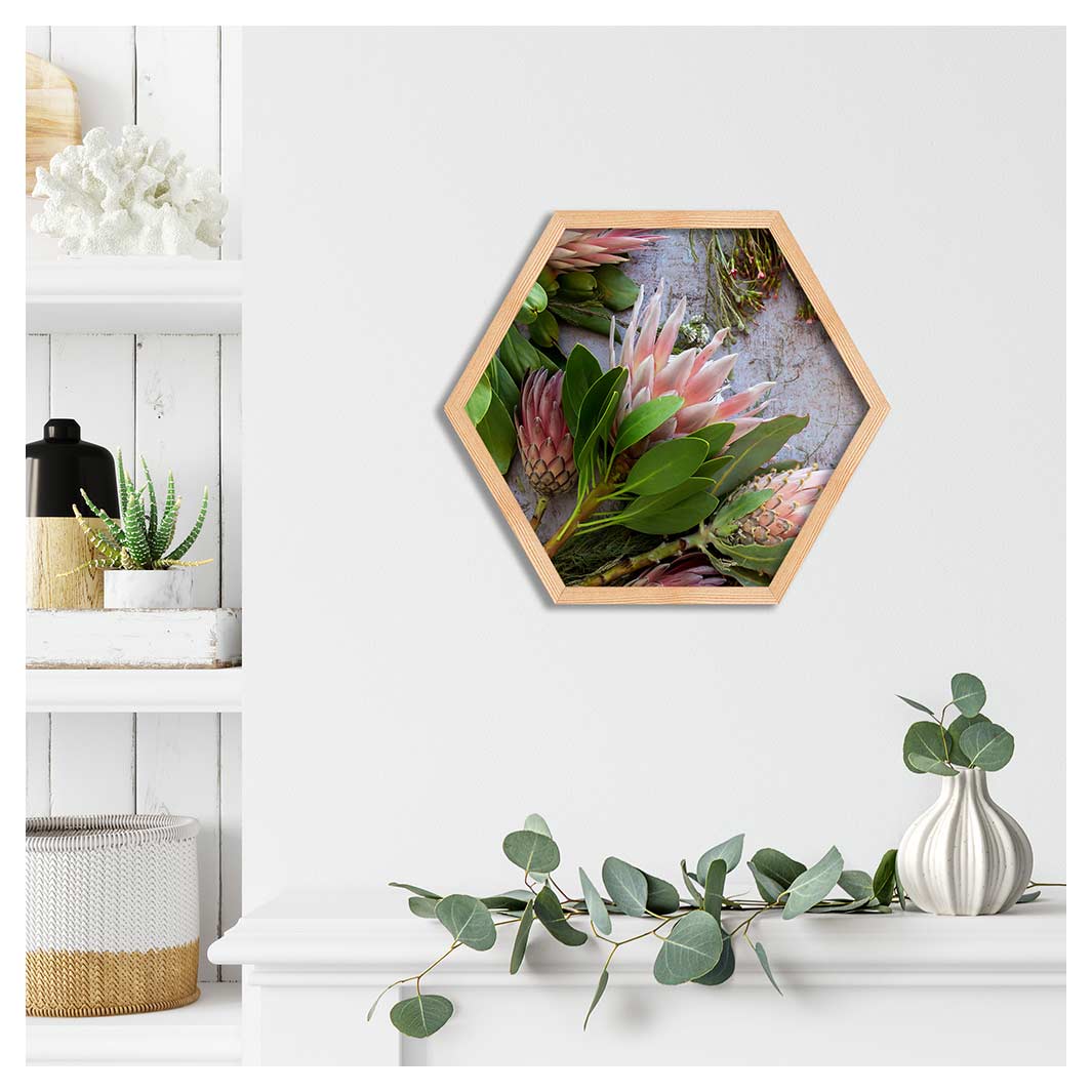 FLORAL PINK MIXED KING PROTEAS PINE HEX
