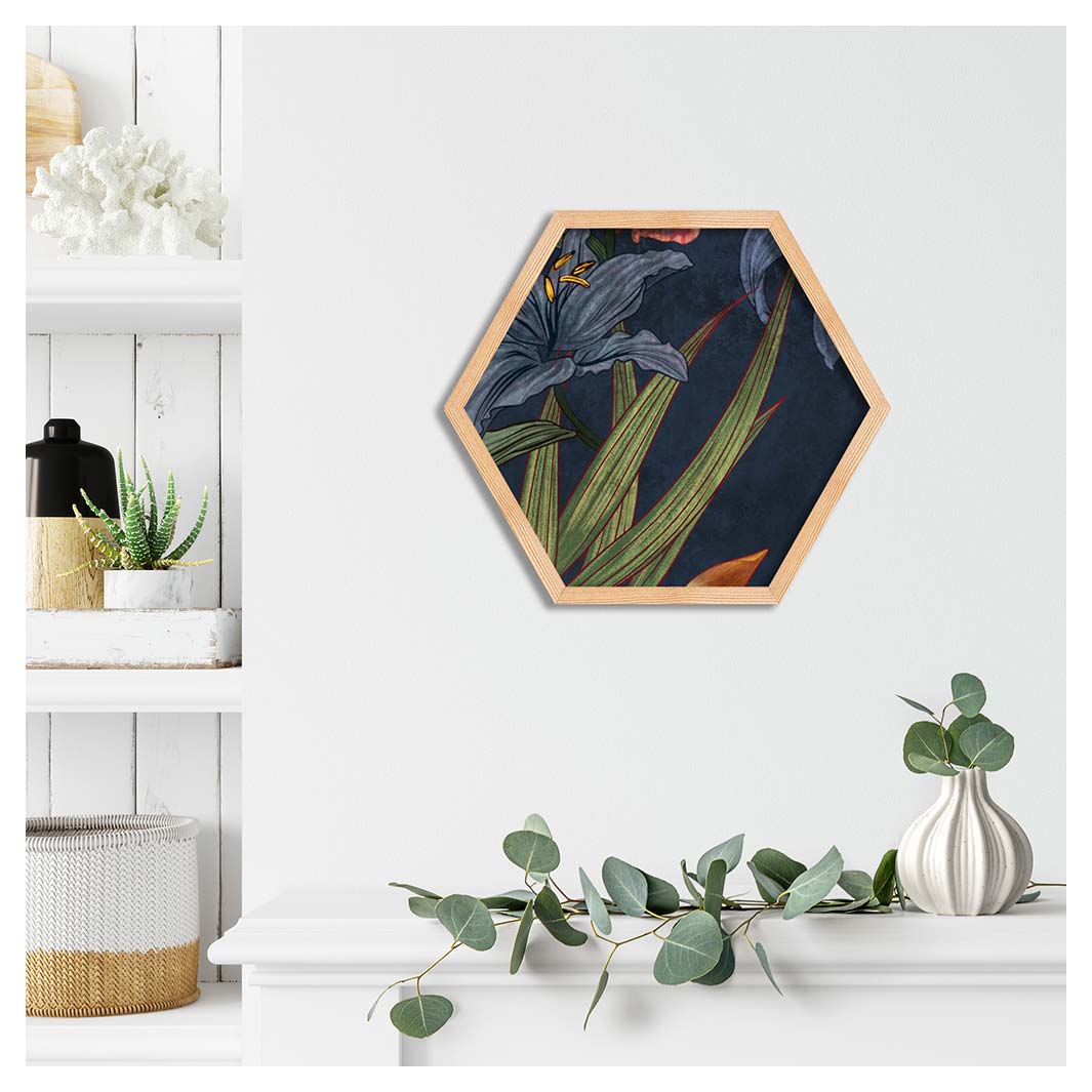 FLORAL NAVY LILIES AND IRIS PAINTING PINE HEX
