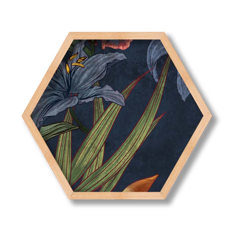 FLORAL NAVY LILIES AND IRIS PAINTING PINE HEX