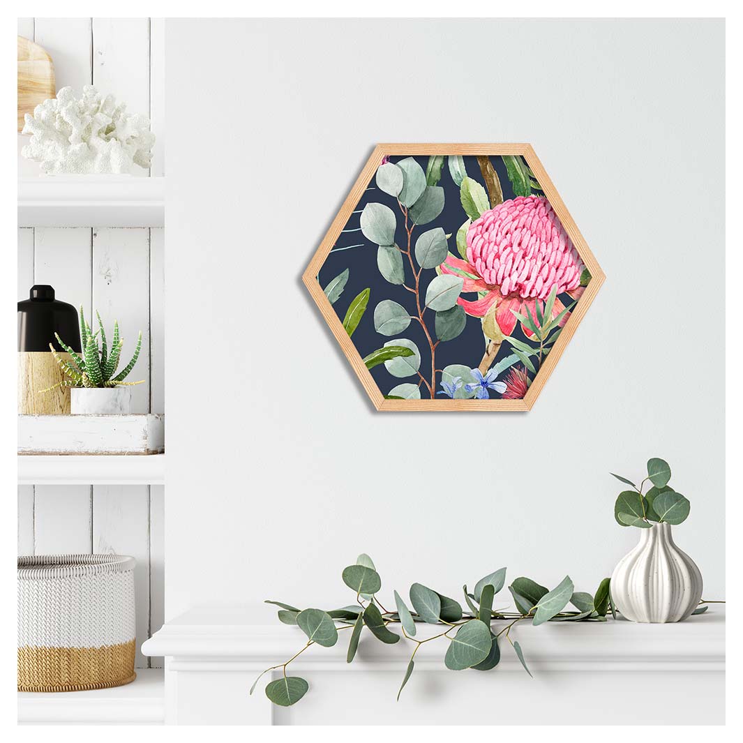 FLORAL NAVY MIXED FLOWERS WITH EUCALYPTUS LEAVES PINE HEX