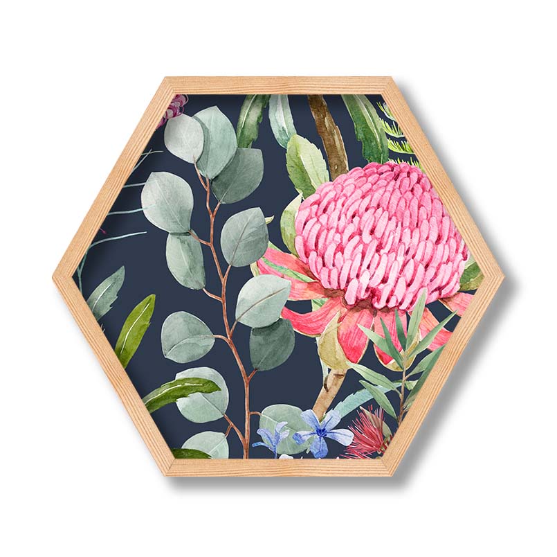 FLORAL NAVY MIXED FLOWERS WITH EUCALYPTUS LEAVES PINE HEX