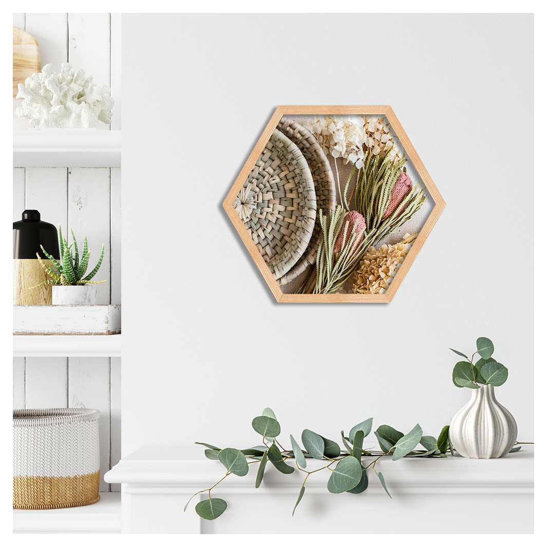 FLORAL CREAM AND GREY BASKET WITH PINK BANKSEAS PINE HEX