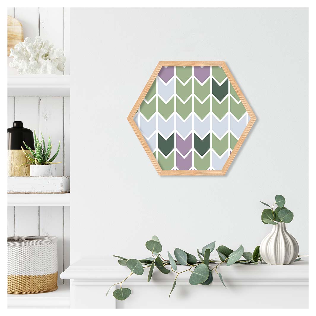 GEOMETRIC GREEN AND PURPLE ARROW PATTERN PINE HEX