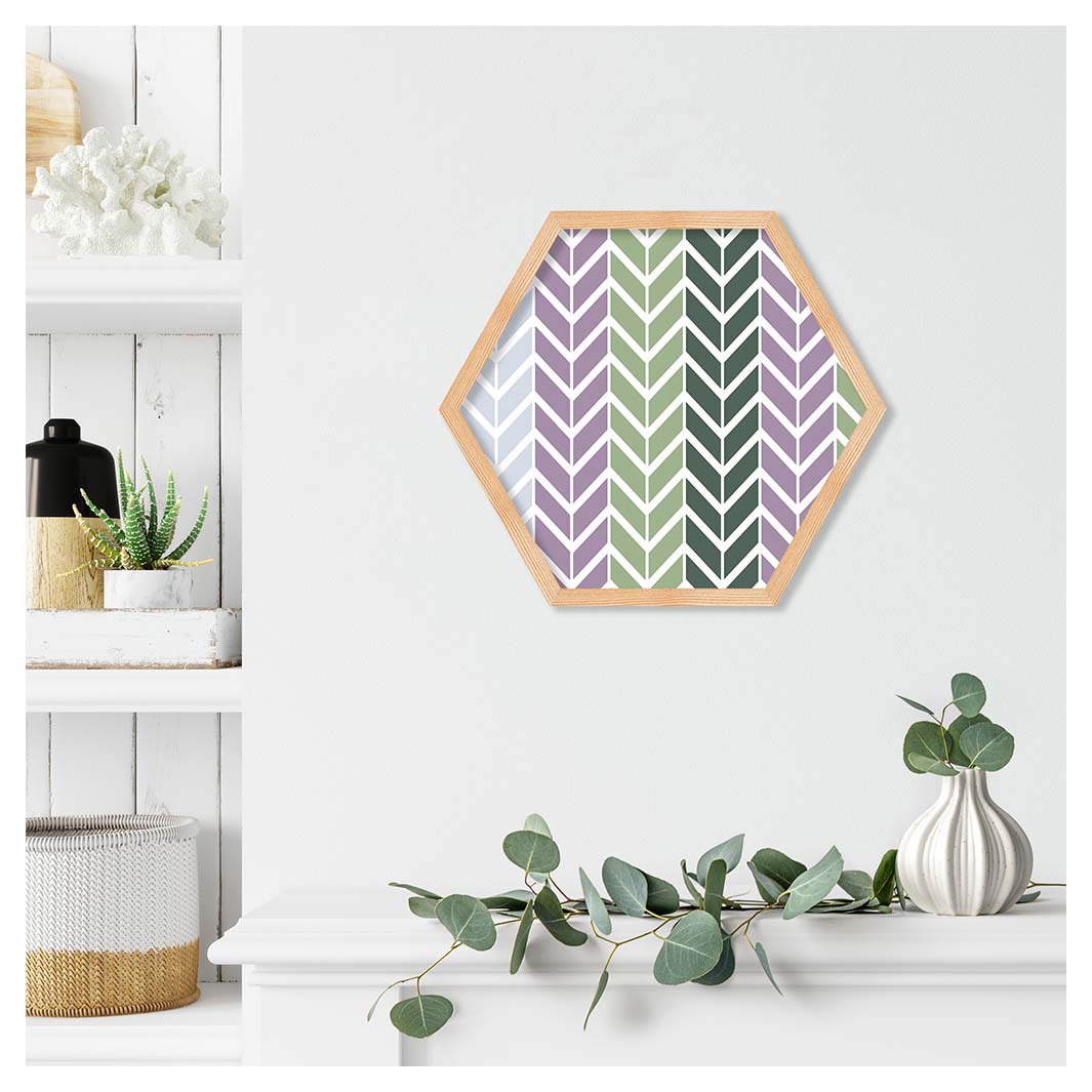 GEOMETRIC GREEN AND PURPLE CHEVRON PATTERN PINE HEX