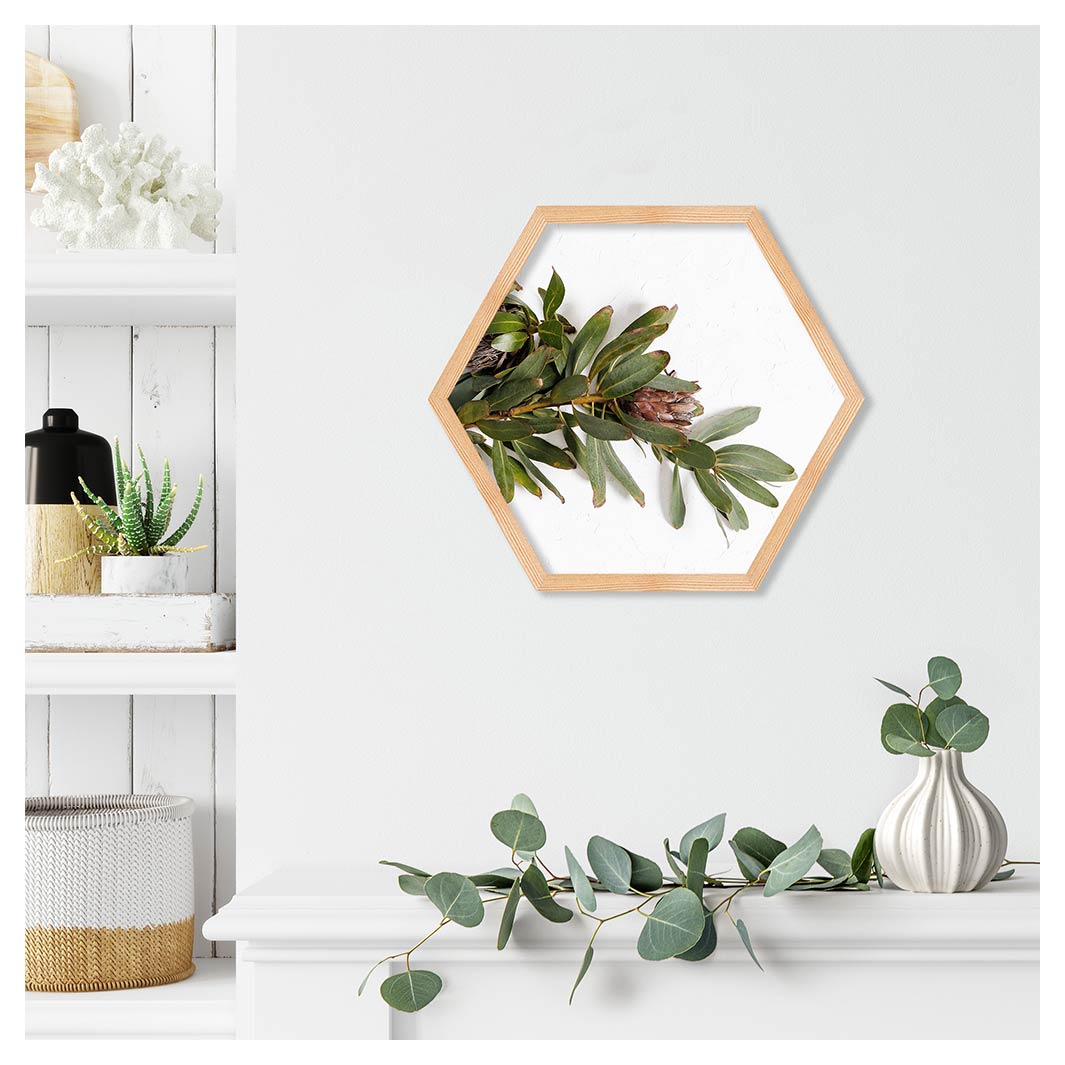 DRIED PROTEA WITH GREEN LEAVES PINE HEX