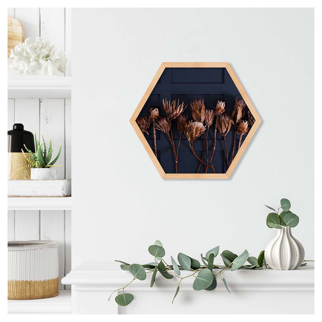 GOLDEN PROTEA ARRANGEMENT ON DARK BLUE PINE HEX
