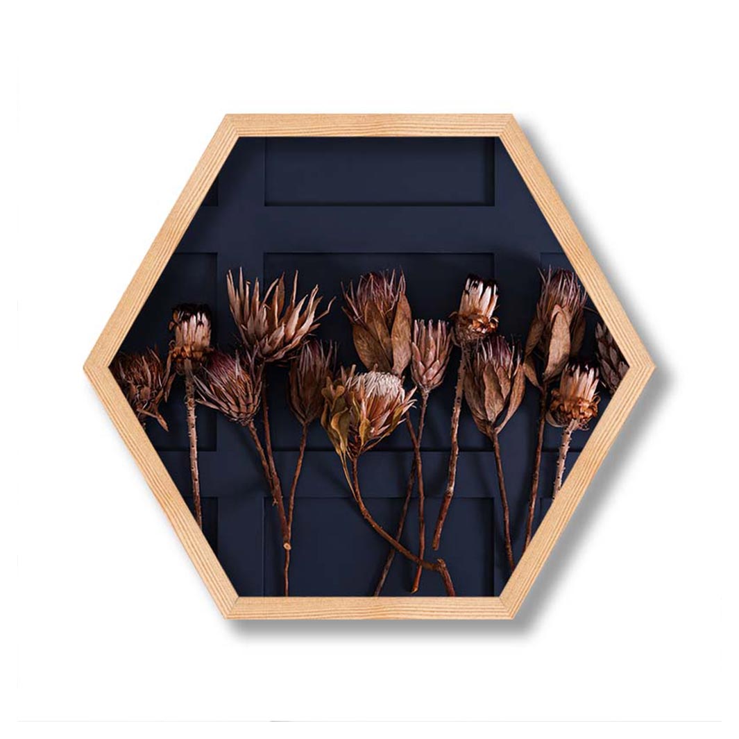 GOLDEN PROTEA ARRANGEMENT ON DARK BLUE PINE HEX