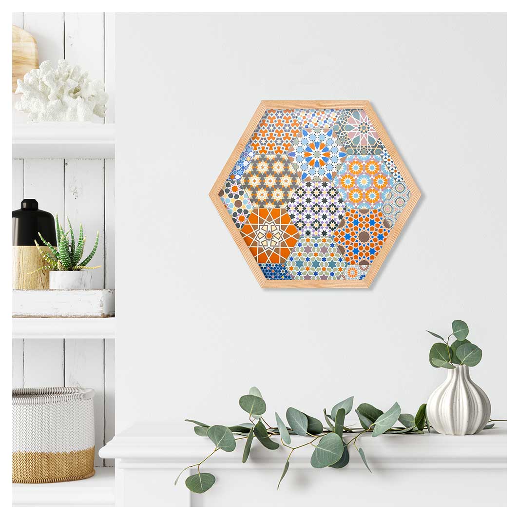 HEXAGON ORANGE AND BLUE PATTERN TILES PINE HEX